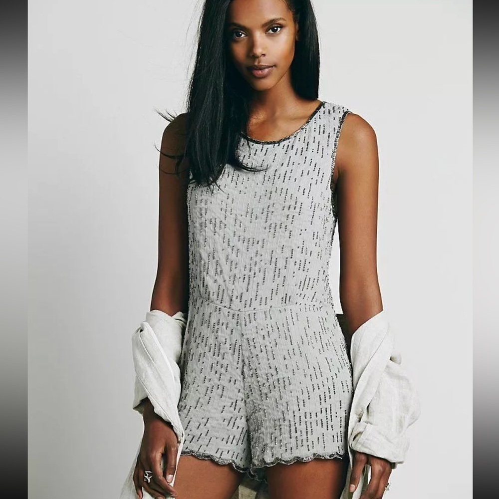 Free People Beauty Beaded Gray Party Scalloped embellished Romper size 2
